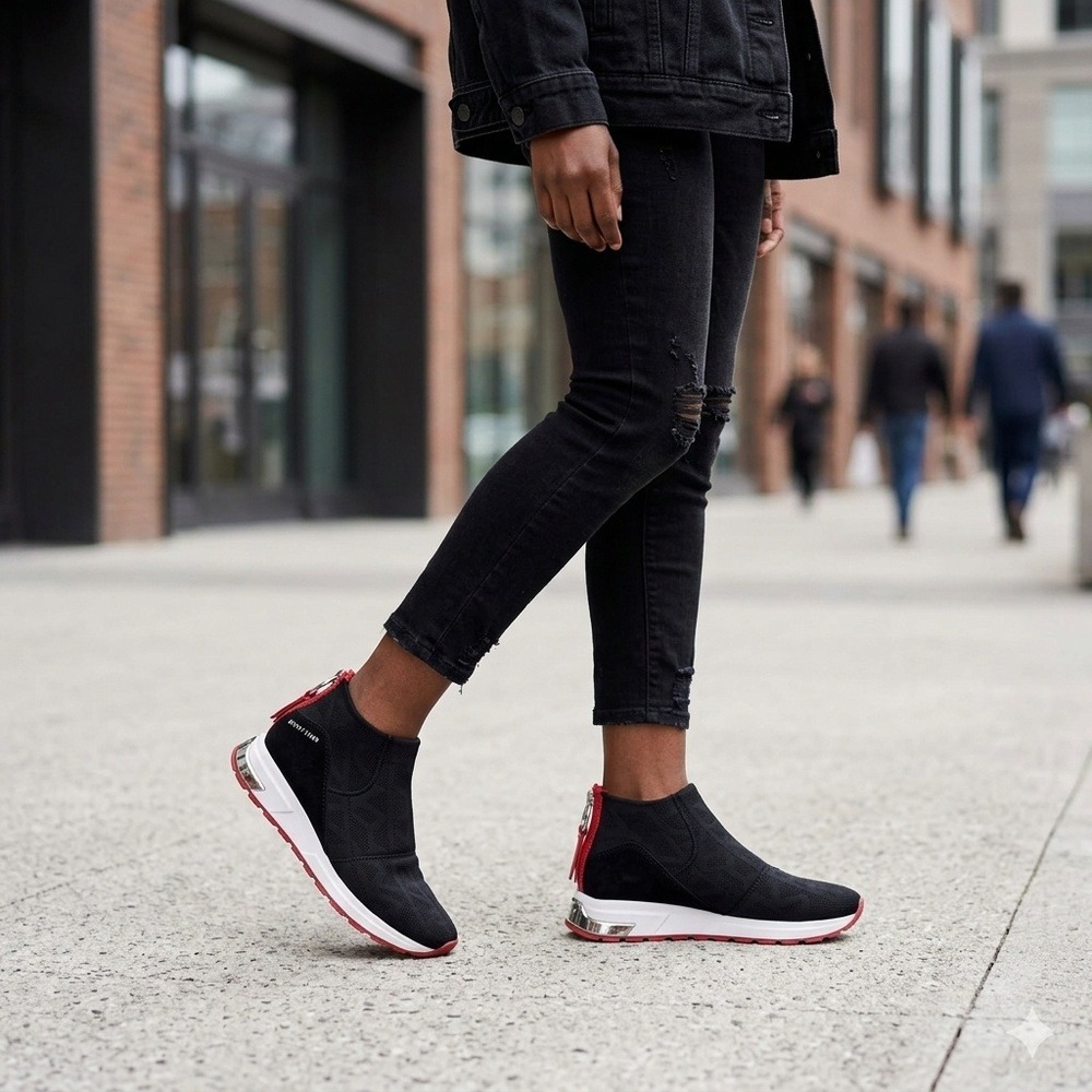 DKNY Mylo Womens Black Knit Logo High Top Slip On Sneakers Red Zip Size 8
